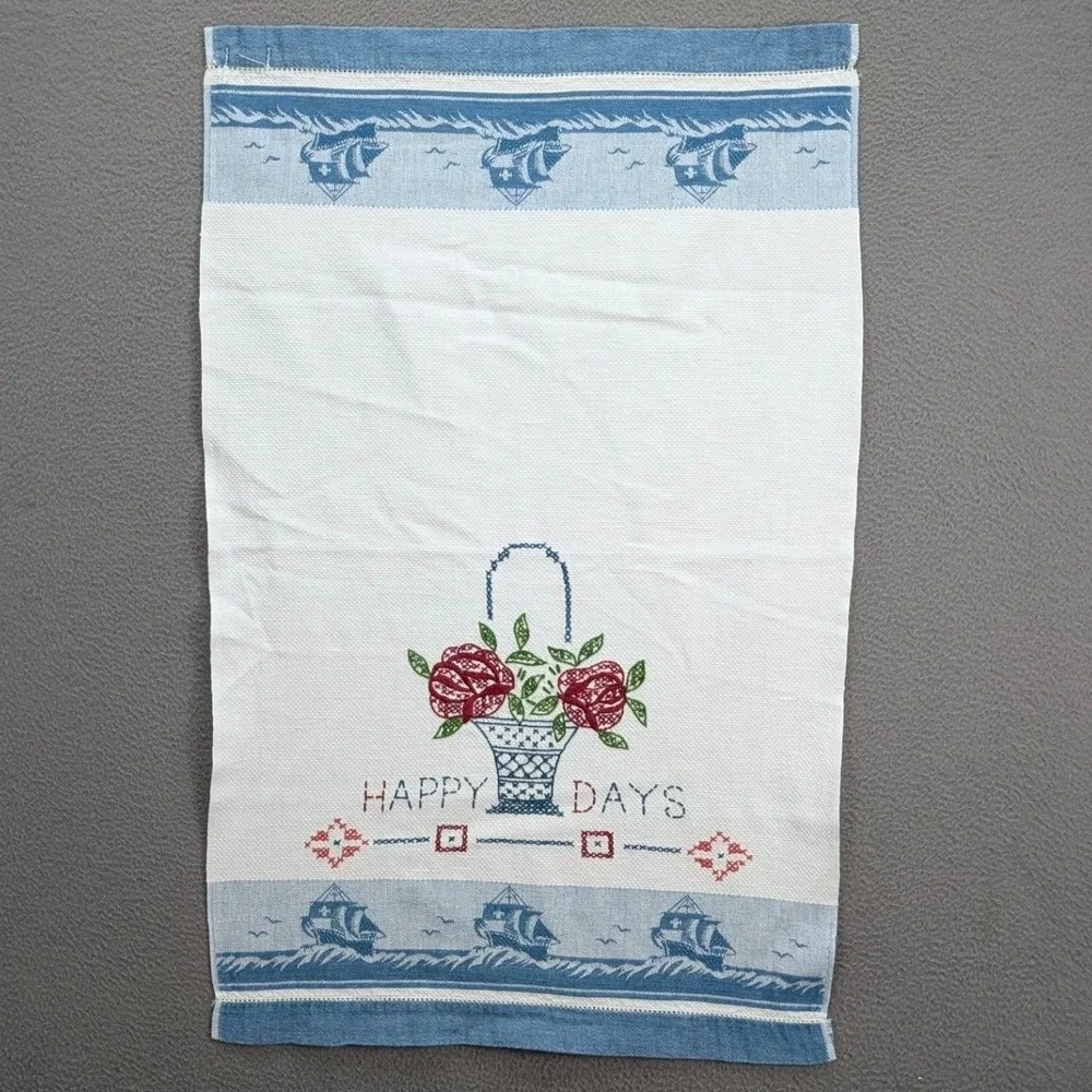 Vintage Lof of‎ 6 Embroidered Hand Towel Linen Floral Lace Trim Kitchen Boho